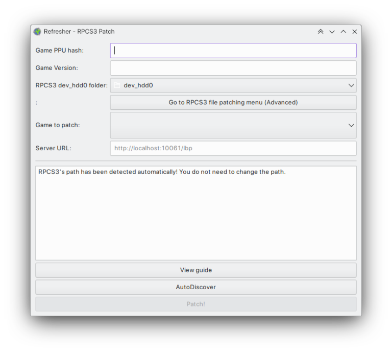 A Screenshot of Refresher's RPCS3 patching screen